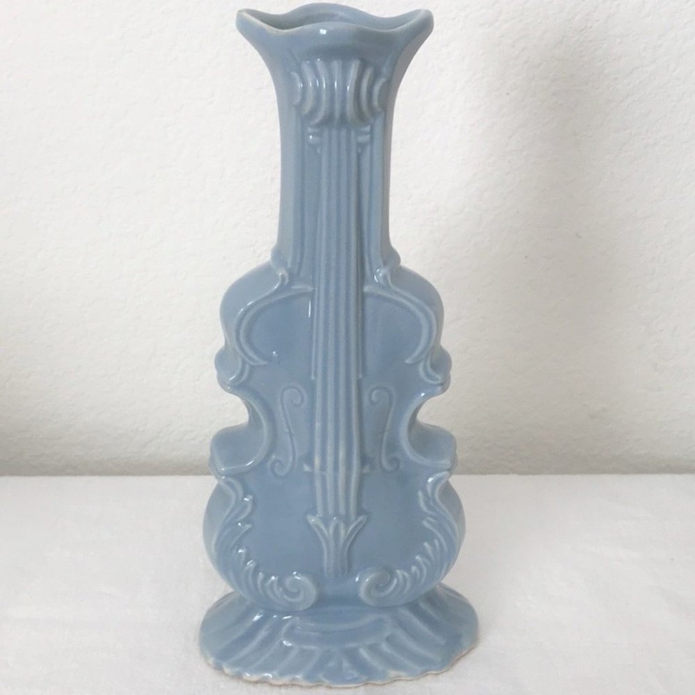 VINTAGE Light Blue Ceramic Violin Vase